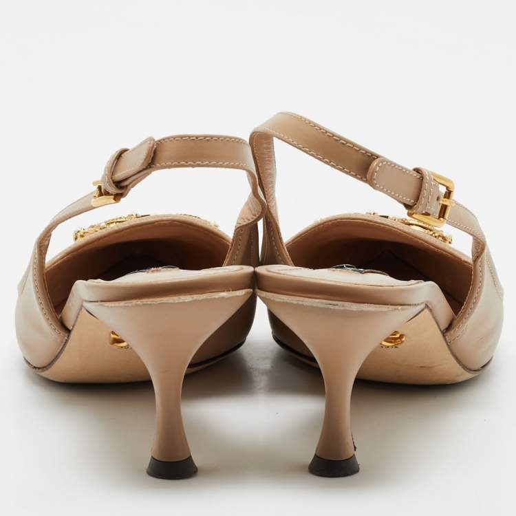 Pre Owned Dolce & Gabbana Beige Leather DG Amore Logo Embellished Slingback Sandals Size 39.5