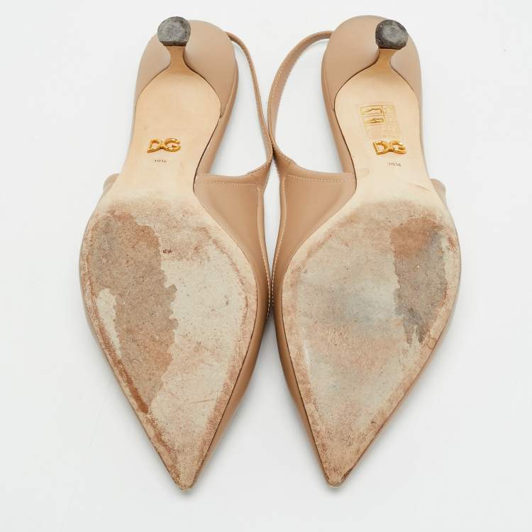 Pre Owned Dolce & Gabbana Beige Leather DG Amore Logo Embellished Slingback Sandals Size 39.5
