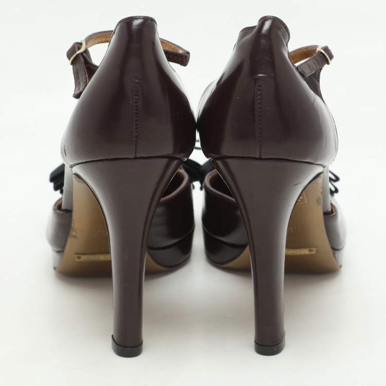 Pre Owned Dolce & Gabbana Burgundy/Black Leather Bow D'orsay Ankle Strap Pumps Size 38.5