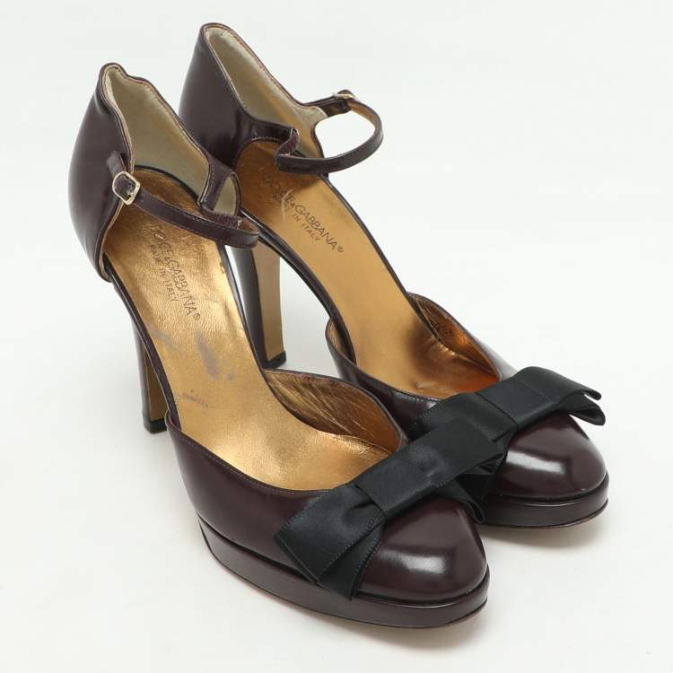 Pre Owned Dolce & Gabbana Burgundy/Black Leather Bow D'orsay Ankle Strap Pumps Size 38.5
