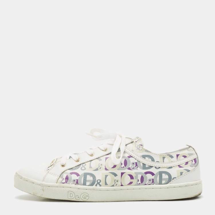 Pre Owned D & G White Leather D&G Allover Low Top Sneakers Size 37