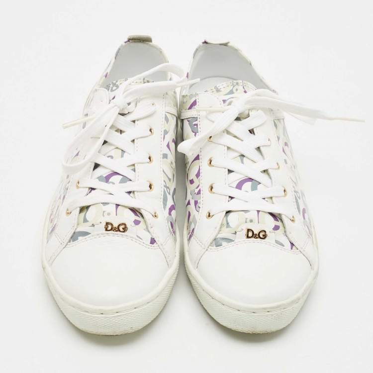 Pre Owned D & G White Leather D&G Allover Low Top Sneakers Size 37