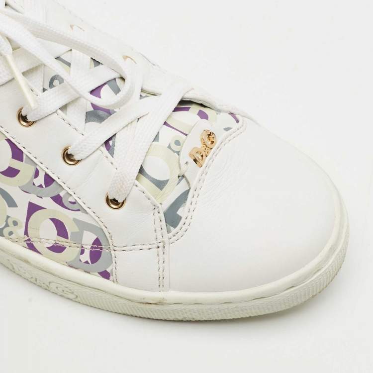 Pre Owned D & G White Leather D&G Allover Low Top Sneakers Size 37