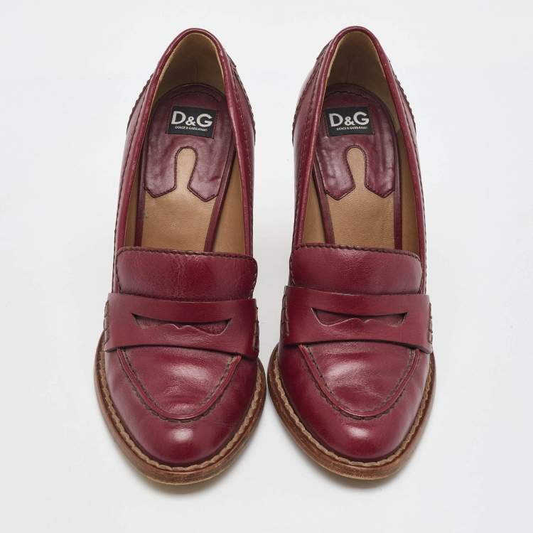 Pre Owned Dolce & Gabbana Burgundy Leather Block Heel Loafer Pumps Size 40