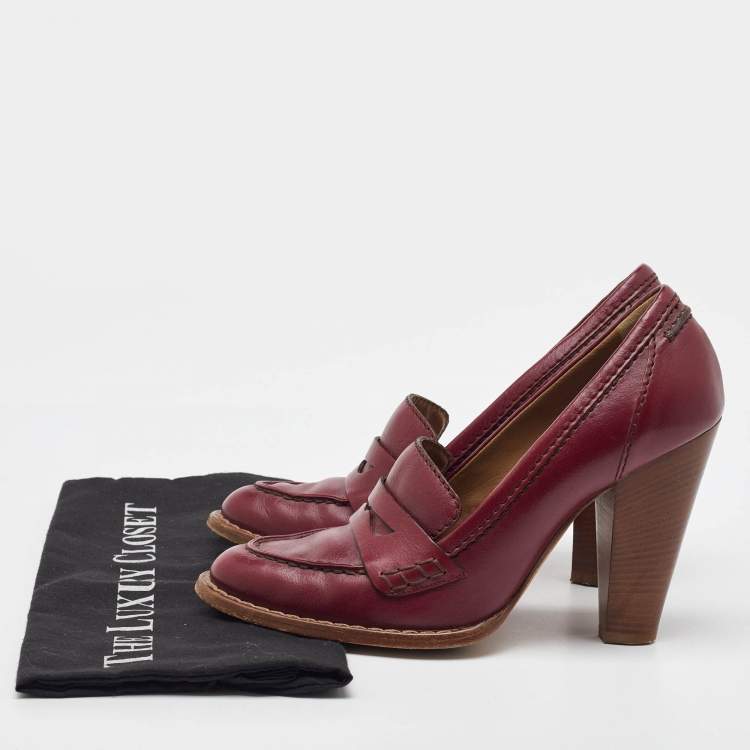 Pre Owned Dolce & Gabbana Burgundy Leather Block Heel Loafer Pumps Size 40