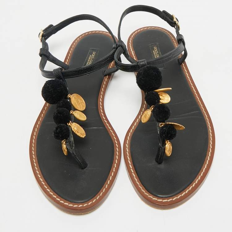 Pre Owned Dolce & Gabbana Black Lizard Embossed Leather Embellished Thong Flats Size 38.5