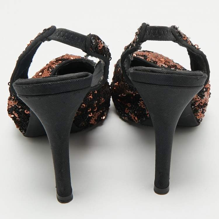 Pre Owned Dolce & Gabbana Black/Brown Sequins Slingback Pumps Size 37.5