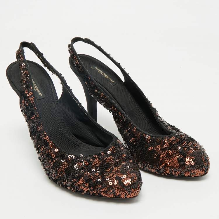 Pre Owned Dolce & Gabbana Black/Brown Sequins Slingback Pumps Size 37.5
