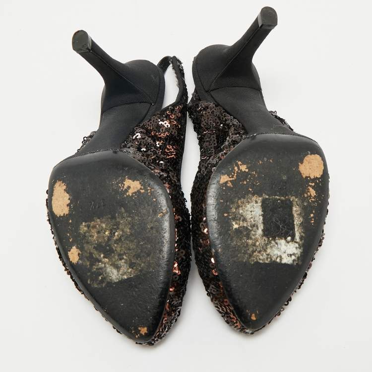 Pre Owned Dolce & Gabbana Black/Brown Sequins Slingback Pumps Size 37.5