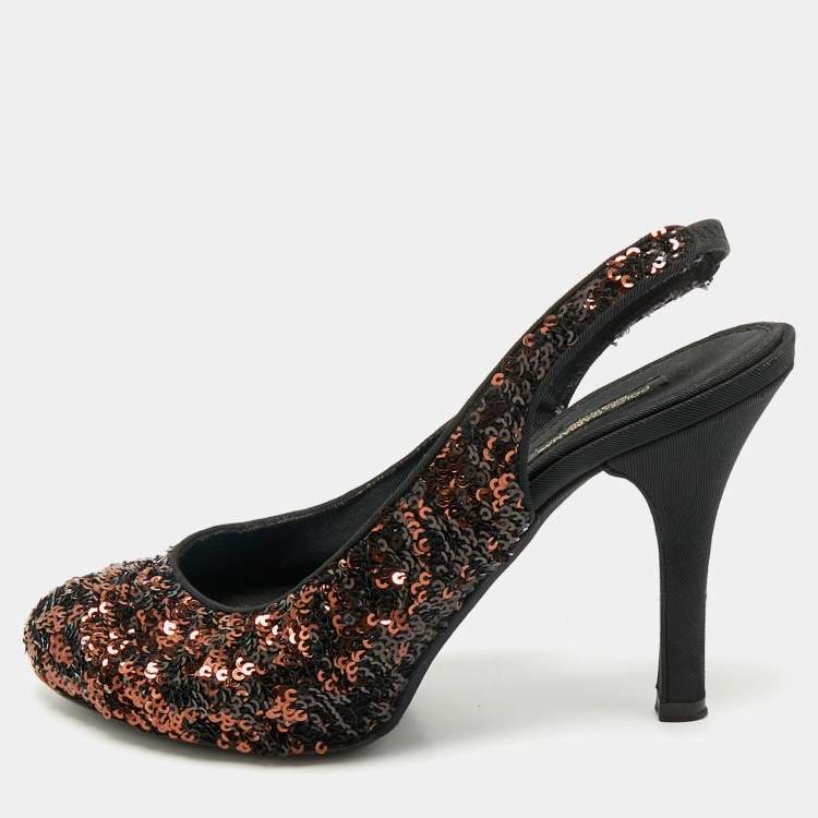 Pre Owned Dolce & Gabbana Black/Brown Sequins Slingback Pumps Size 37.5