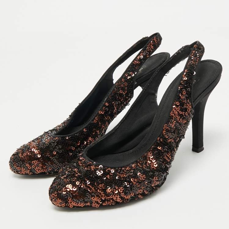 Pre Owned Dolce & Gabbana Black/Brown Sequins Slingback Pumps Size 37.5