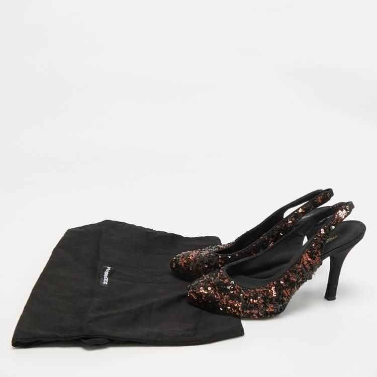 Pre Owned Dolce & Gabbana Black/Brown Sequins Slingback Pumps Size 37.5
