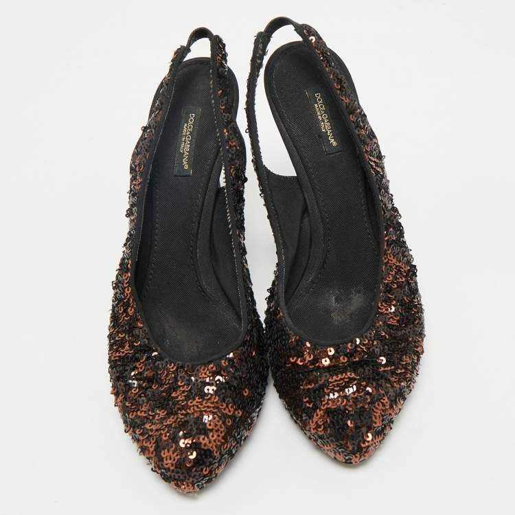 Pre Owned Dolce & Gabbana Black/Brown Sequins Slingback Pumps Size 37.5
