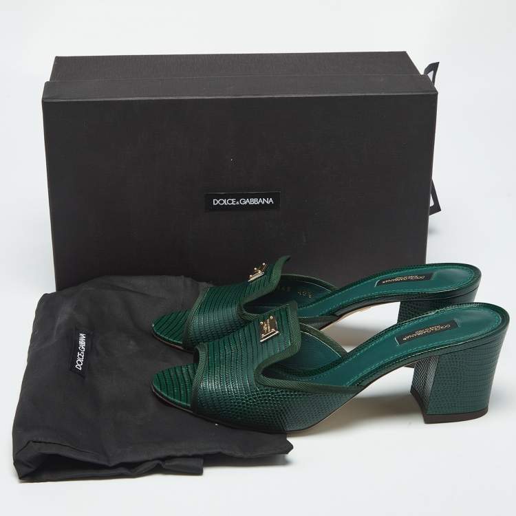 Pre Owned Dolce & Gabbana Dark Green Lizard Embossed Leather Logo Slide Sandals Size 40.5