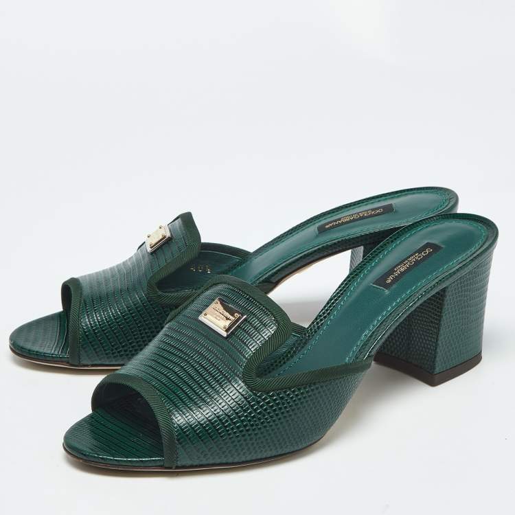 Pre Owned Dolce & Gabbana Dark Green Lizard Embossed Leather Logo Slide Sandals Size 40.5