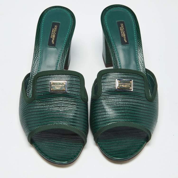 Pre Owned Dolce & Gabbana Dark Green Lizard Embossed Leather Logo Slide Sandals Size 40.5