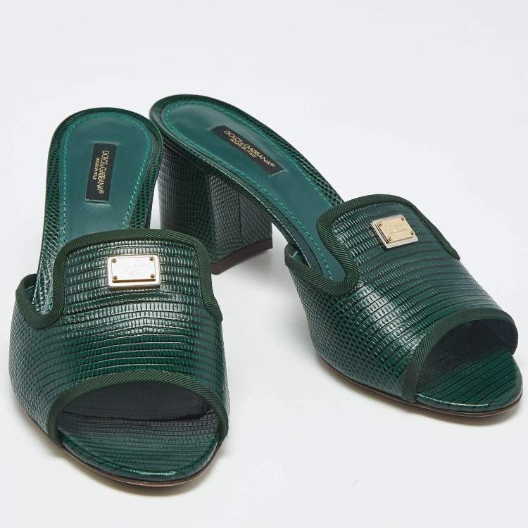 Pre Owned Dolce & Gabbana Dark Green Lizard Embossed Leather Logo Slide Sandals Size 40.5