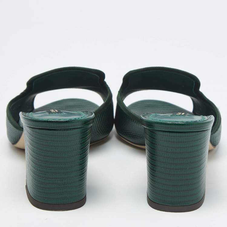 Pre Owned Dolce & Gabbana Dark Green Lizard Embossed Leather Logo Slide Sandals Size 40.5