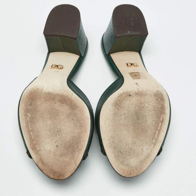 Pre Owned Dolce & Gabbana Dark Green Lizard Embossed Leather Logo Slide Sandals Size 40.5
