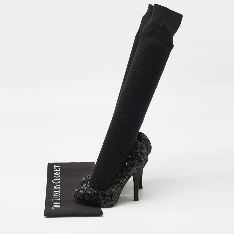 Pre Owned Dolce & Gabbana Black Sequin Platform Sock High Pumps Size 35
