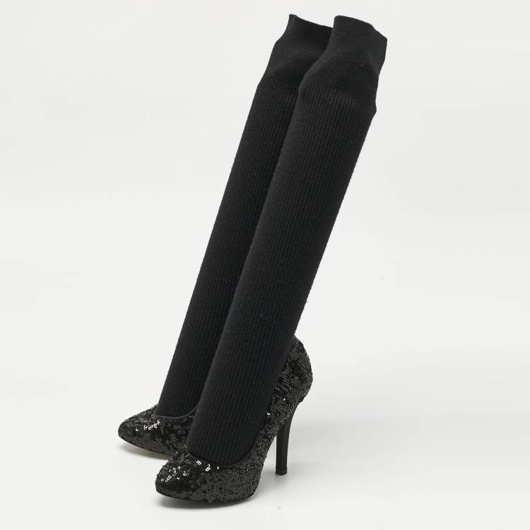Pre Owned Dolce & Gabbana Black Sequin Platform Sock High Pumps Size 35