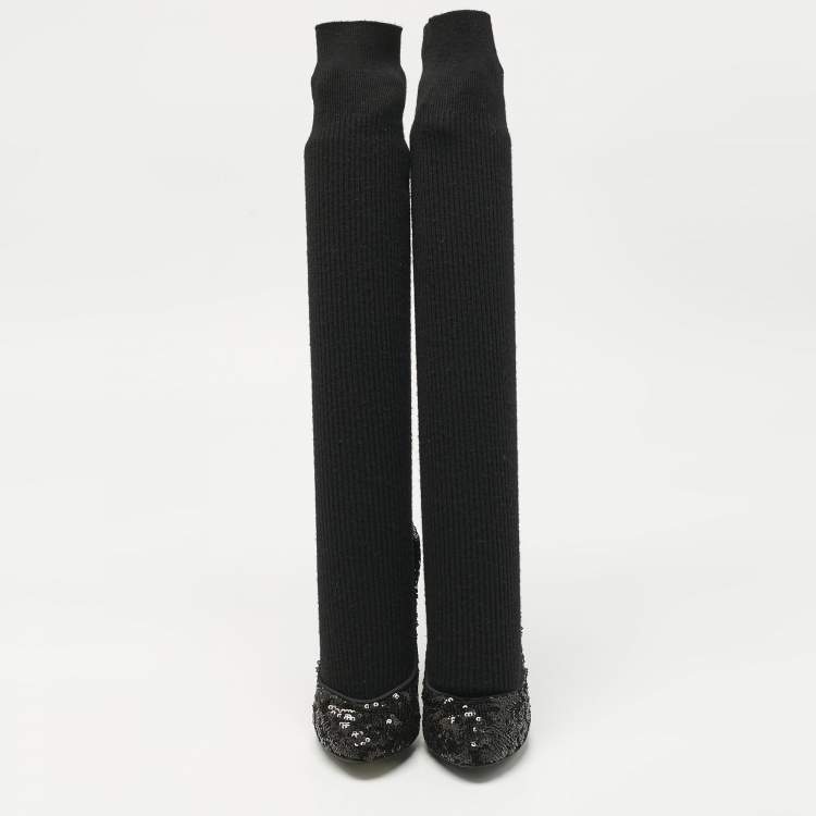 Pre Owned Dolce & Gabbana Black Sequin Platform Sock High Pumps Size 35