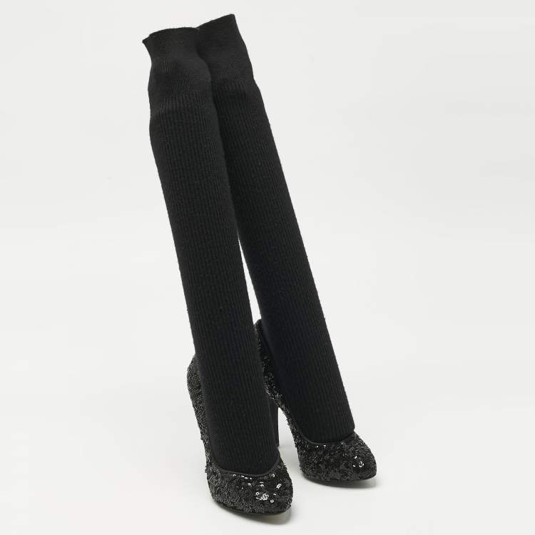 Pre Owned Dolce & Gabbana Black Sequin Platform Sock High Pumps Size 35