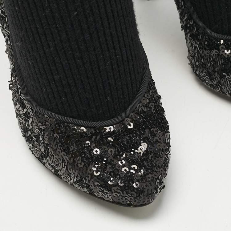 Pre Owned Dolce & Gabbana Black Sequin Platform Sock High Pumps Size 35