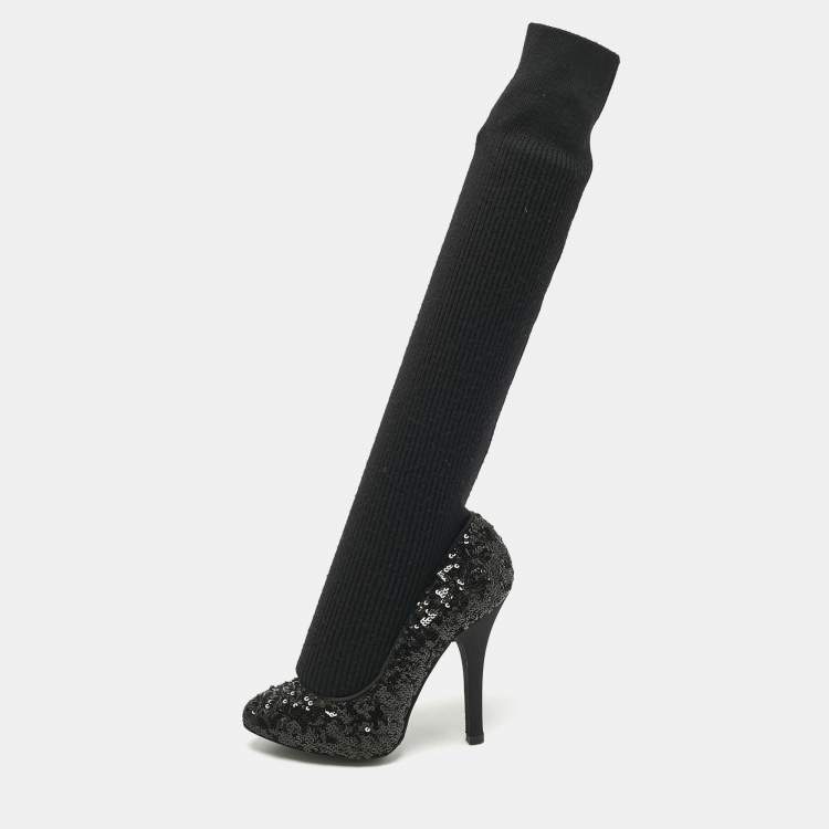 Pre Owned Dolce & Gabbana Black Sequin Platform Sock High Pumps Size 35