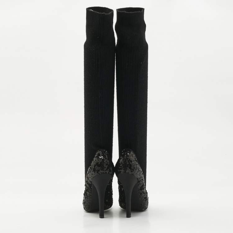 Pre Owned Dolce & Gabbana Black Sequin Platform Sock High Pumps Size 35