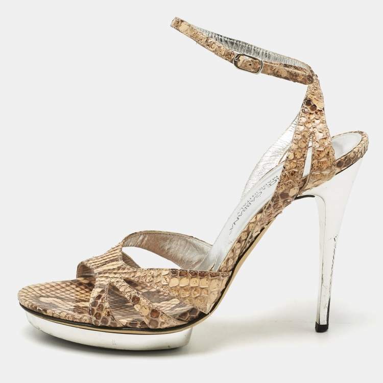 Pre Owned Dolce & Gabbana Brown Python Leather Ankle Strap Sandals Size 36.5