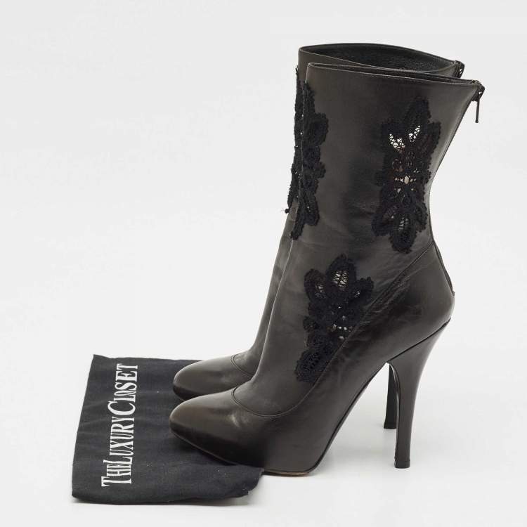 Pre Owned Dolce & Gabbana Black Leather and Lace Mid Calf Boots Size 37