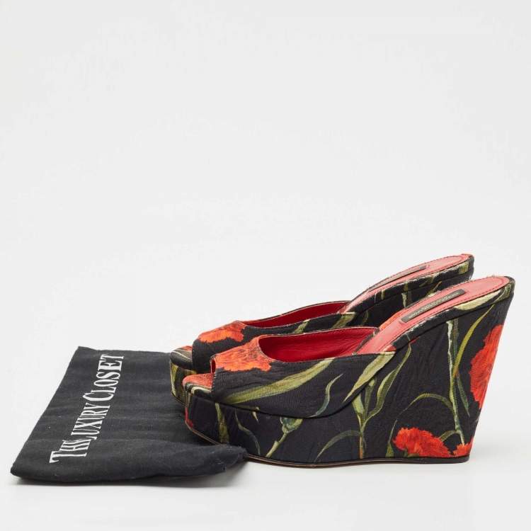 Pre Owned Dolce & Gabbana Multicolor Fabric Floral Print Wedge Platform Slide Sandals Size 35