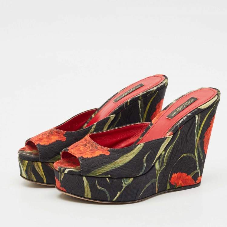 Pre Owned Dolce & Gabbana Multicolor Fabric Floral Print Wedge Platform Slide Sandals Size 35