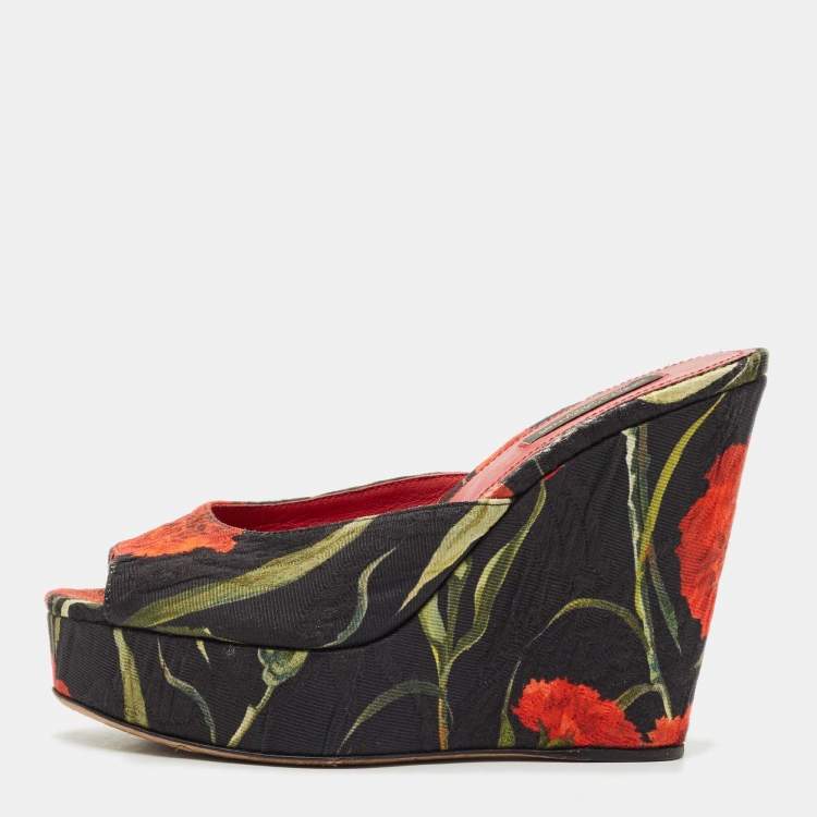 Pre Owned Dolce & Gabbana Multicolor Fabric Floral Print Wedge Platform Slide Sandals Size 35