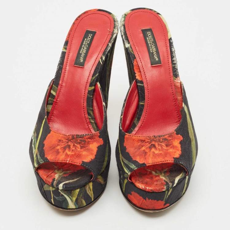 Pre Owned Dolce & Gabbana Multicolor Fabric Floral Print Wedge Platform Slide Sandals Size 35