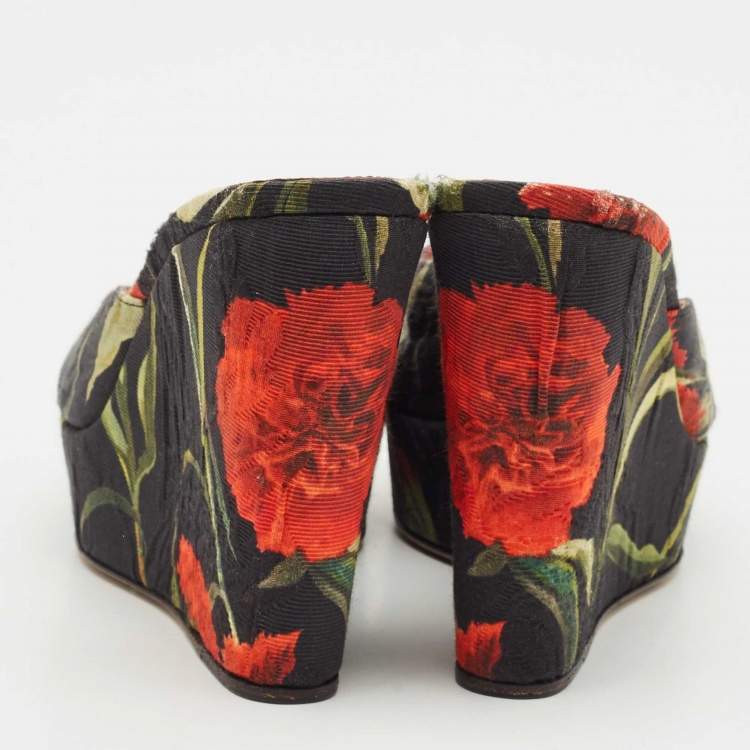 Pre Owned Dolce & Gabbana Multicolor Fabric Floral Print Wedge Platform Slide Sandals Size 35