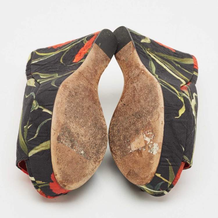 Pre Owned Dolce & Gabbana Multicolor Fabric Floral Print Wedge Platform Slide Sandals Size 35