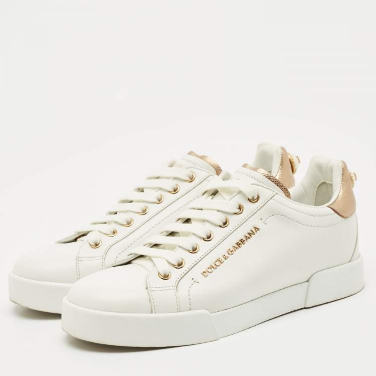 Pre Owned Dolce & Gabbana White Leather Pearl Embellished Portofino Sneakers Size 37