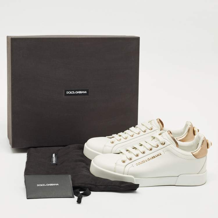 Pre Owned Dolce & Gabbana White Leather Pearl Embellished Portofino Sneakers Size 37