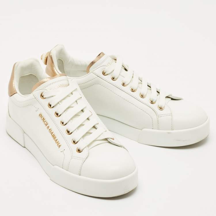 Pre Owned Dolce & Gabbana White Leather Pearl Embellished Portofino Sneakers Size 37