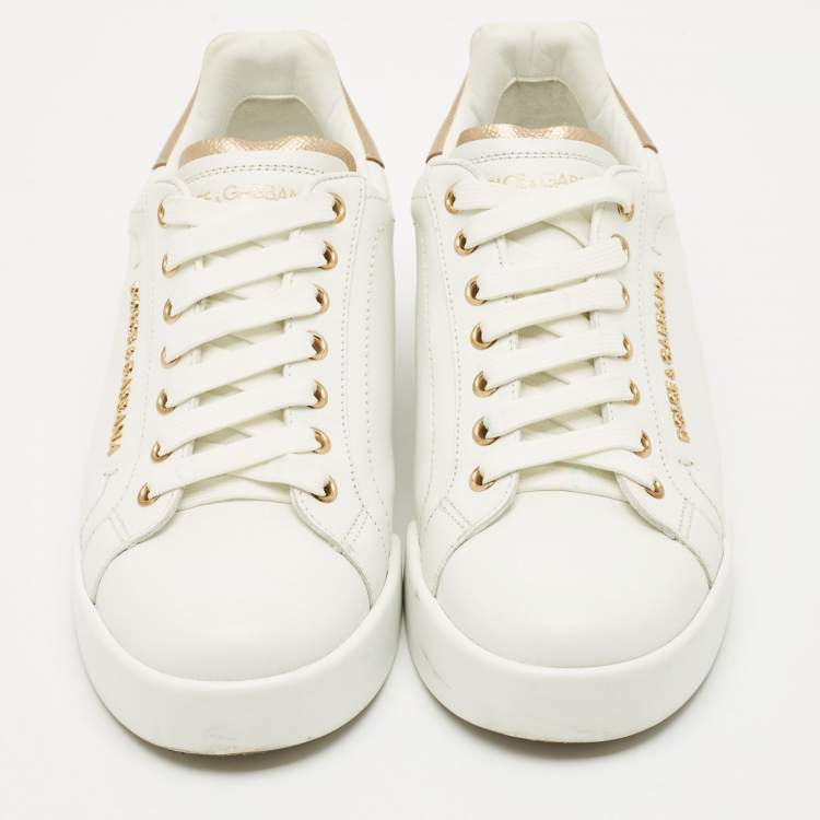 Pre Owned Dolce & Gabbana White Leather Pearl Embellished Portofino Sneakers Size 37
