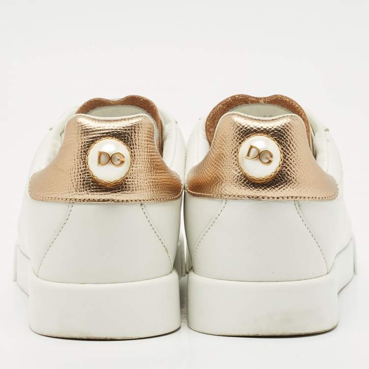 Pre Owned Dolce & Gabbana White Leather Pearl Embellished Portofino Sneakers Size 37