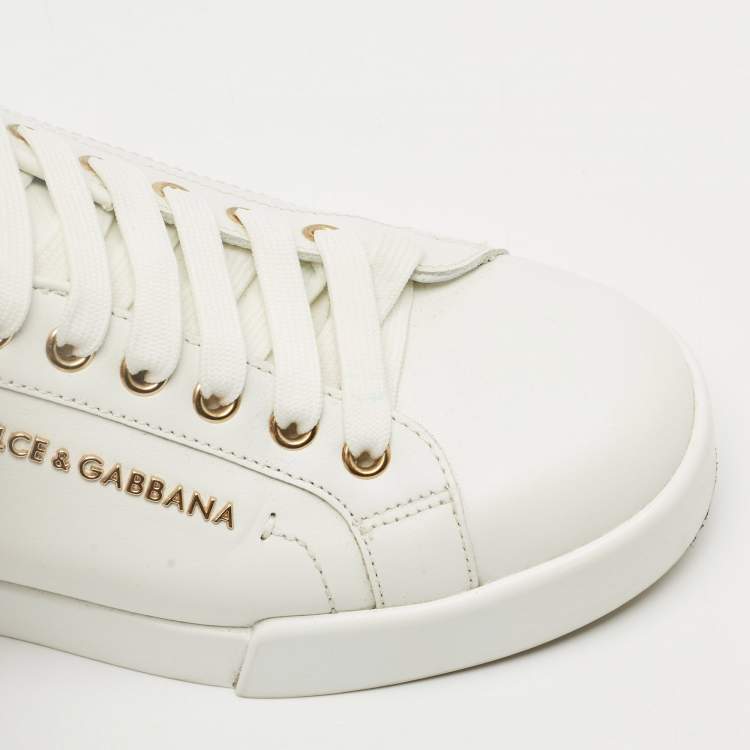 Pre Owned Dolce & Gabbana White Leather Pearl Embellished Portofino Sneakers Size 37
