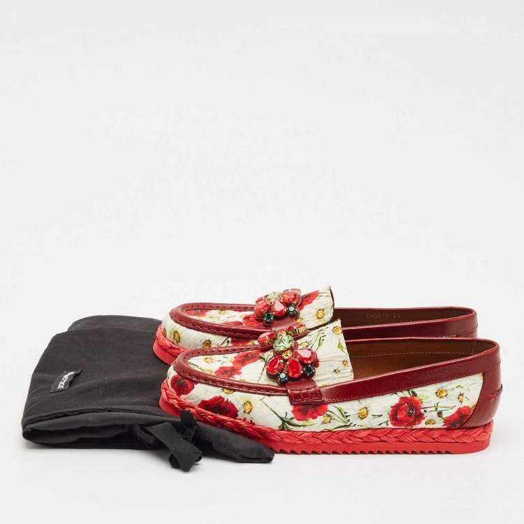 Pre Owned Dolce & Gabbana Red Floral Print Canvas and Leather Palermo Loafers Size 41