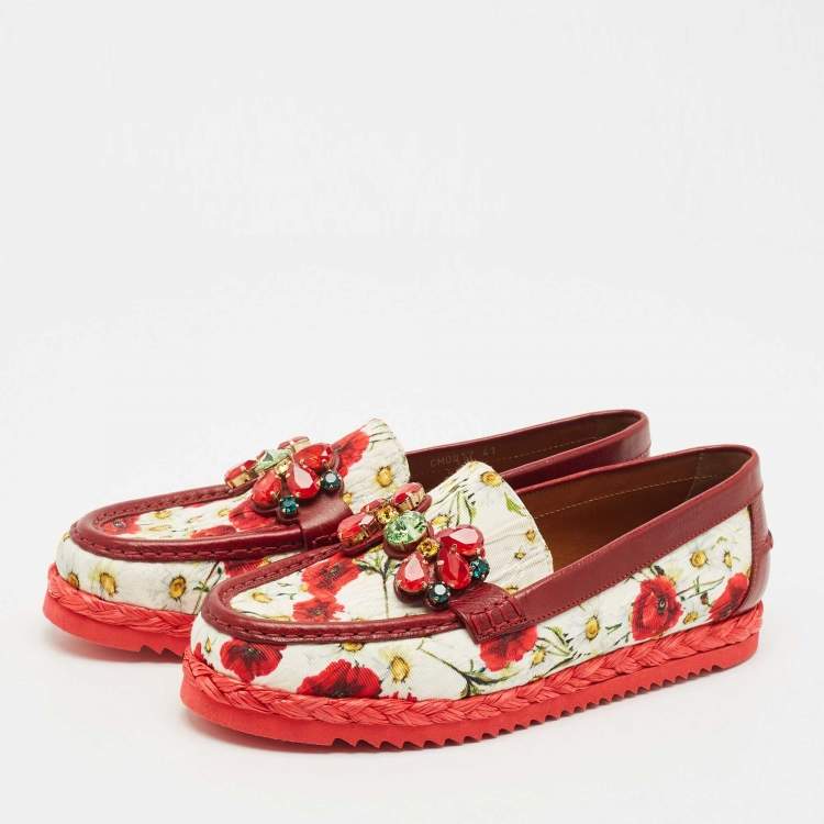 Pre Owned Dolce & Gabbana Red Floral Print Canvas and Leather Palermo Loafers Size 41