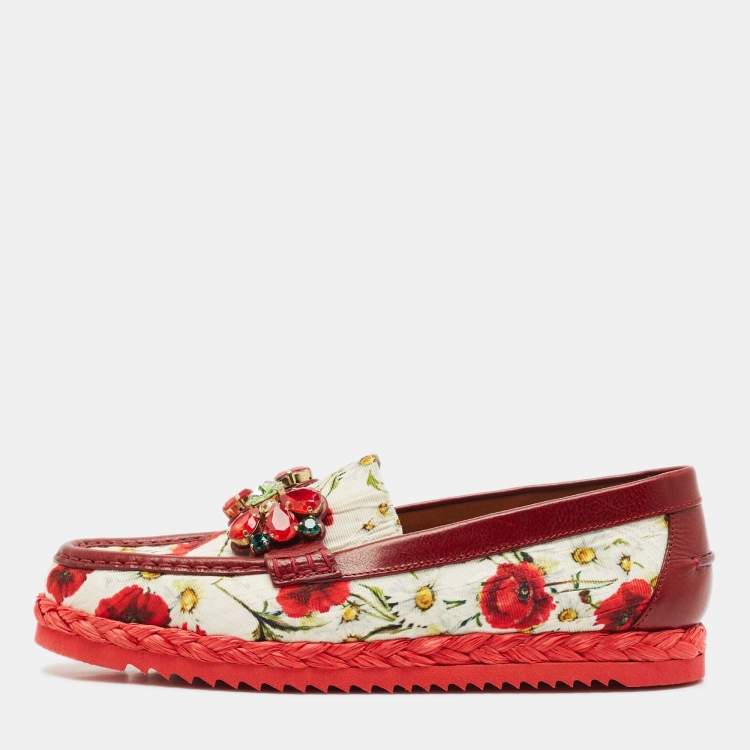 Pre Owned Dolce & Gabbana Red Floral Print Canvas and Leather Palermo Loafers Size 41