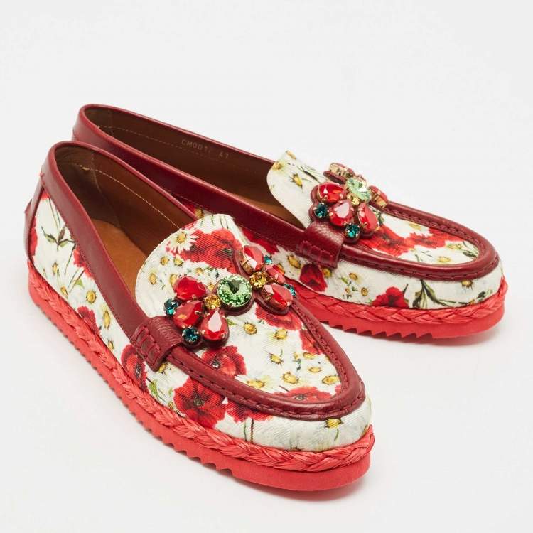 Pre Owned Dolce & Gabbana Red Floral Print Canvas and Leather Palermo Loafers Size 41