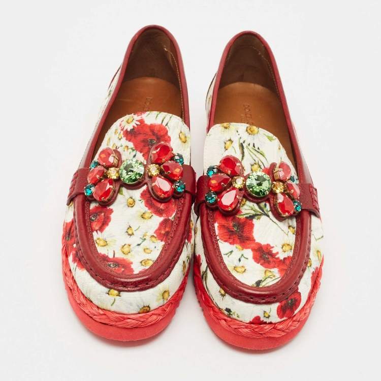 Pre Owned Dolce & Gabbana Red Floral Print Canvas and Leather Palermo Loafers Size 41