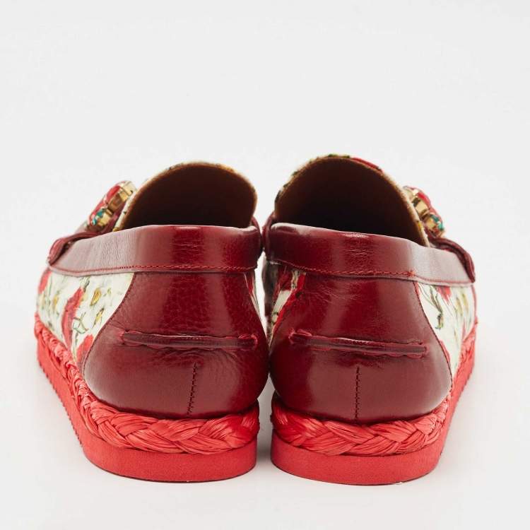 Pre Owned Dolce & Gabbana Red Floral Print Canvas and Leather Palermo Loafers Size 41